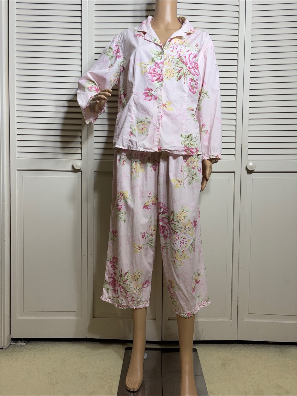 Pine Cone Hill Pink Floral Cotton Button-Front Cropped Pajama Set Large